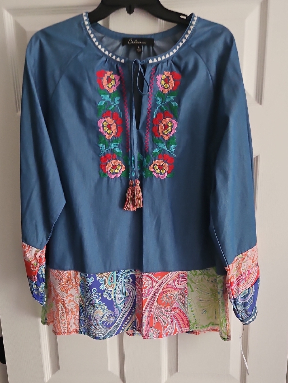 Calessa Embroidery Front/sleeves Tunic: Indigo W/Multi Colors/Print: Size- Large